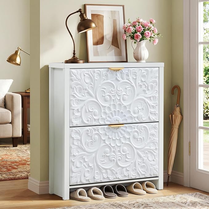 weselon Shoe Cabinet with Flip Drawers, Narrow Shoe Storage Cabinet, 2-Tier Hidden Shoe Organizer with Carved Floral for Entryway, Mid-Century Modern Slim Shoes Storage for Hallway Foyer (1, White)