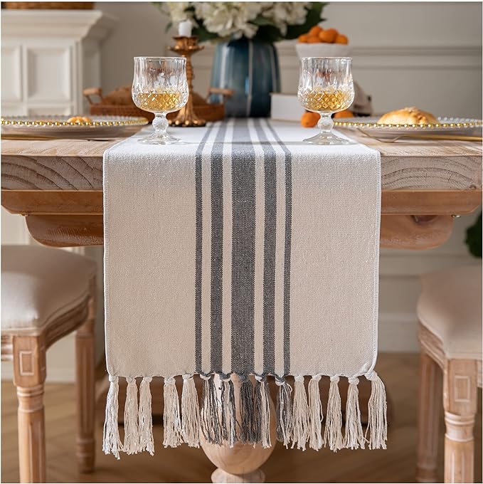 Boho Table Runner for Modern Farmhouse Decor, Dining Table décor 13 x 72 Inch Long, Coffee Table Runner with Handcrafted Tassels, Grey and Beige Stripe Table Runner for Home Boho Décor