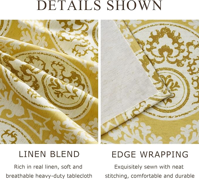 Rustic Yellow Floral Rectangle Tablecloth: Linen Printed Farmhouse Table Cloth - Damask Patterned on Burlap Textured Fabric Outdoor Table Cover for Kitchen,Dining,Party,Picnic Decor, 55x102 Inch