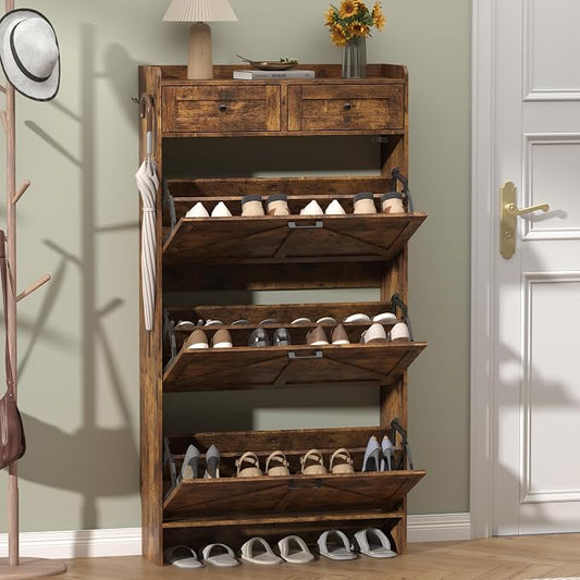 Thacuok Shoe Cabinet with 3 Flip Drawers & 2 Storage Drawers, Rustic Farmhouse Narrow Shoe Organizer Cabinet, Slim Shoe Rack Cabinet, Shoe Storage Cabinet for Entryway, Hallway, Front Door