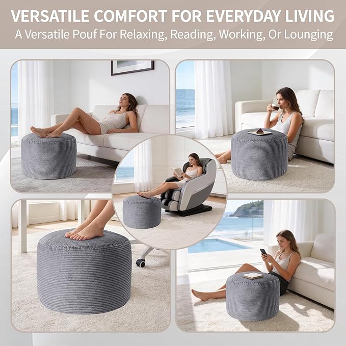 26" x 26" x 22" Large Stuffed Pouf Ottoman, Round Foot Rest with Odorless Filling, Soft & Cozy Corduroy Foot Stool for Living Room, Bedroom, Office, Room Decoration (Dark Grey)