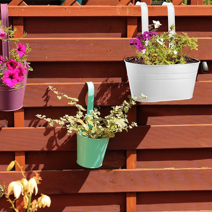 PATIKIL 11 Inch Hanging Flower Pots, 2Pcs Oval Metal Iron Hanging Planters Flower Holder with Detachable Hook for Outdoor Indoor Garden Railing Fence Balcony, White