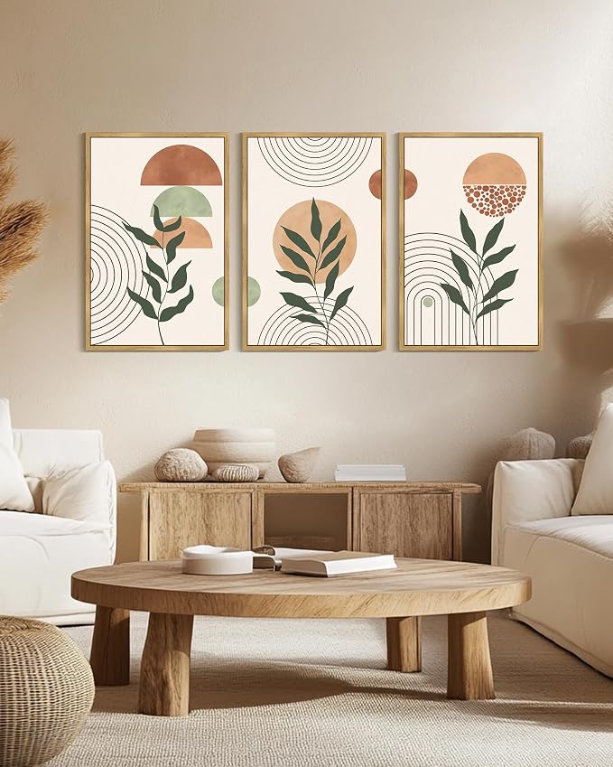 PHOPAGO Boho Abstract Wall Art Large 24x36in Botanical Mid Century Modern Framed Wall Prints Neutral Bohemain Sage Decor for Farmhouse Living Room - Natural Framed