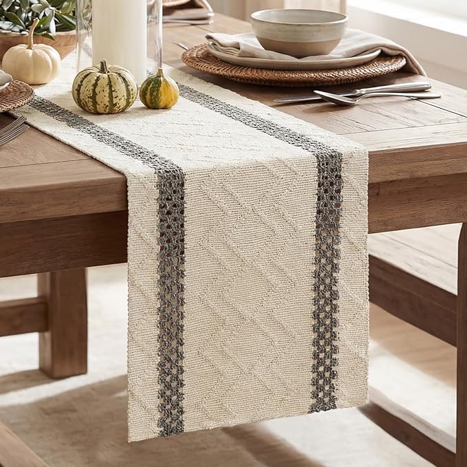 Artoid Mode Dark Grey Stripe Woven Table Runner, Seasonal Holiday Hollow Kitchen Dining Table Decoration for Home Party Decor 12x108 Inch