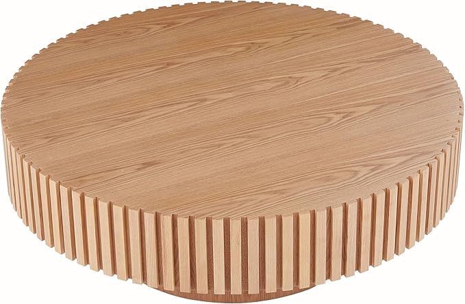 31.49" Coffee Table, Round Coffee Table, Wood Coffee Table for Living Room, Handcrafted Relief Carving, Easy Assembly, Oak