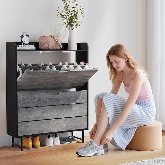 Shoe Storage Cabinet with 2 Flip Drawers, Wooden Shoe Rack Organizer Cabinet with Adjustable Shelf, Narrow Shoe Cabinet for Entryway, Hallway, Living Room (Grey)