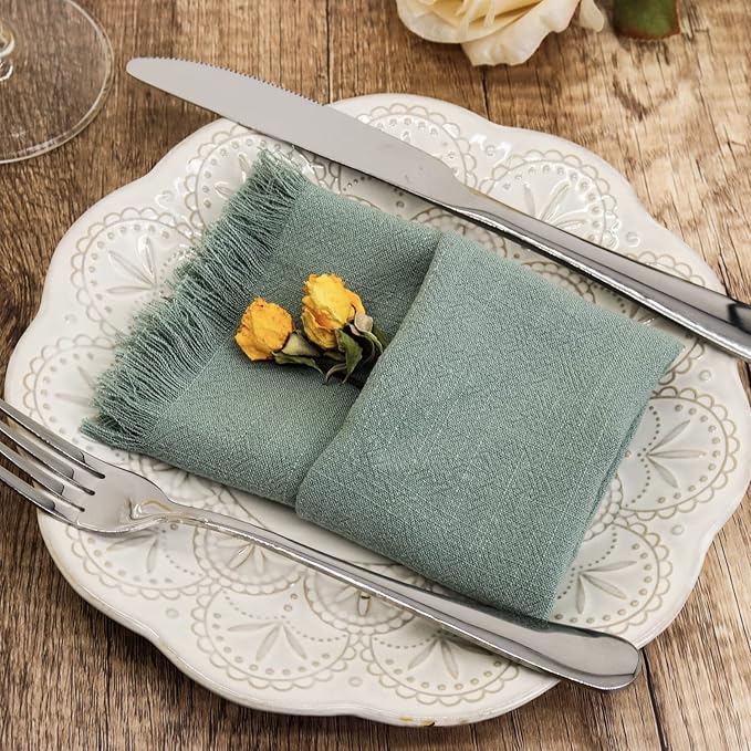 Handmade Cloth Napkins with Fringe,18 x 18 Inches Cotton Linen Napkins Set of 6 Versatile Handmade Square Rustic Fringe Napkins for Dinner, Wedding and Parties, Sage