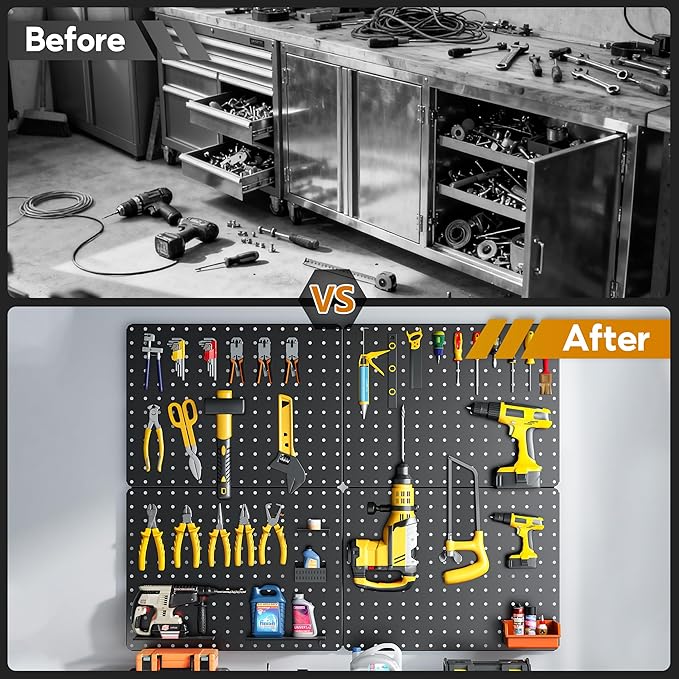 Peg Board, 110pcs Metal Pegboard Kit, Includes 4 Pack Black Peg Board Panels with Accessories and Hook Locks, Large Heavy Duty Peg Boards for Walls Home, Garage Tool Storage, Workbench
