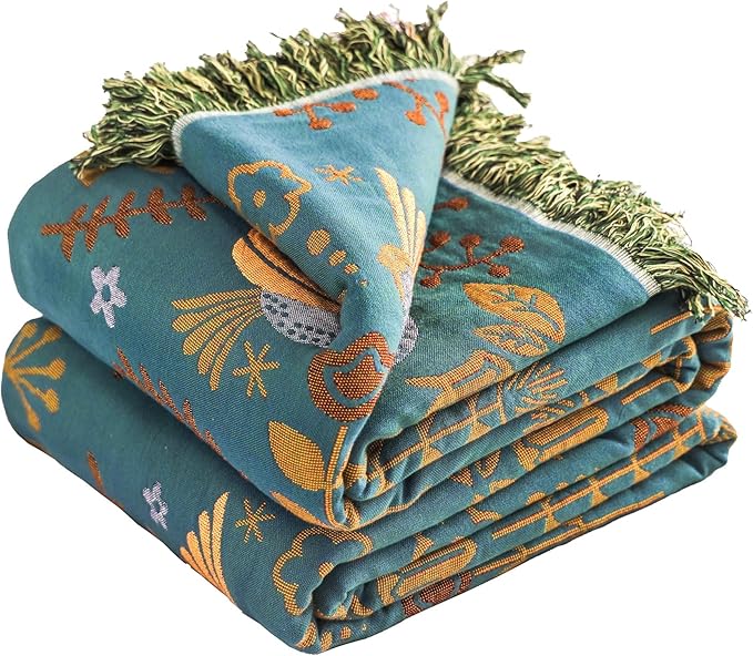 VANJOROY Boho Throw Blanket, 100% Organic Cotton Breathable Ultra Soft 50" x 60" Bed Quilt Throw - Floral Rustic Bird Farmhouse Decor Luxury Reversible Blanket for Sofa Couch Chair and Gift,Teal/Beige