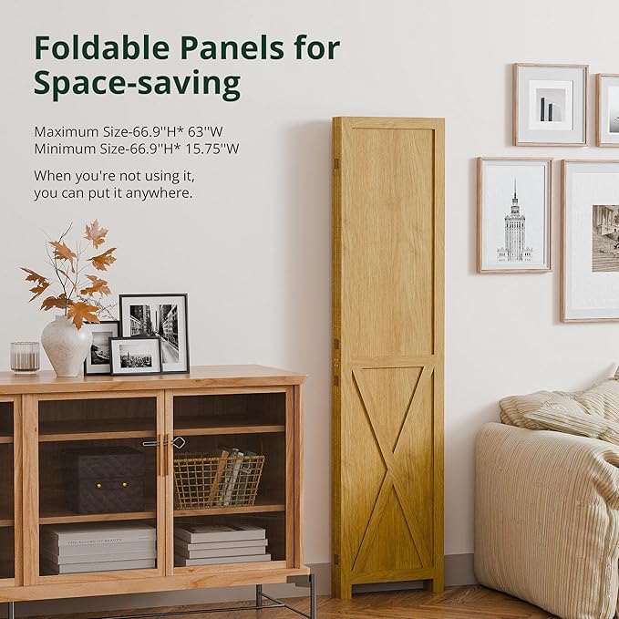 Cozy Castle 4 Panel Folding Room Divider, Solid Wood Privacy Screen, Freestanding Partition Wall, Temporary Wall for Home/Office/Bedroom/Restaurant, Natural