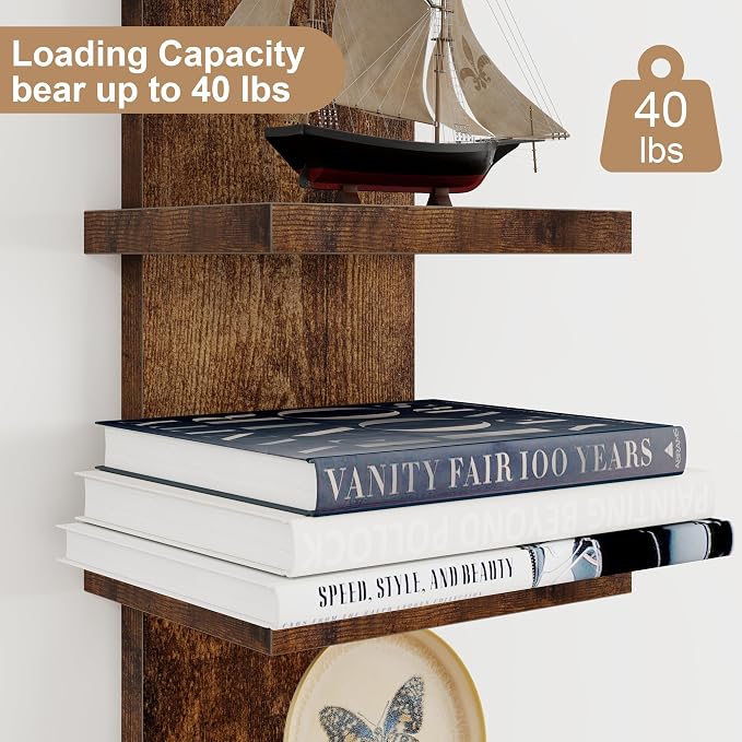 Fun Memories 5 Tier Wall Shelf Unit, Decorative Wall Mount Vertical Shelving, Floating Storage Home Decor Organizer Tall Tower Design Utility Shelving Bedroom Living Room, Brown 2Pack