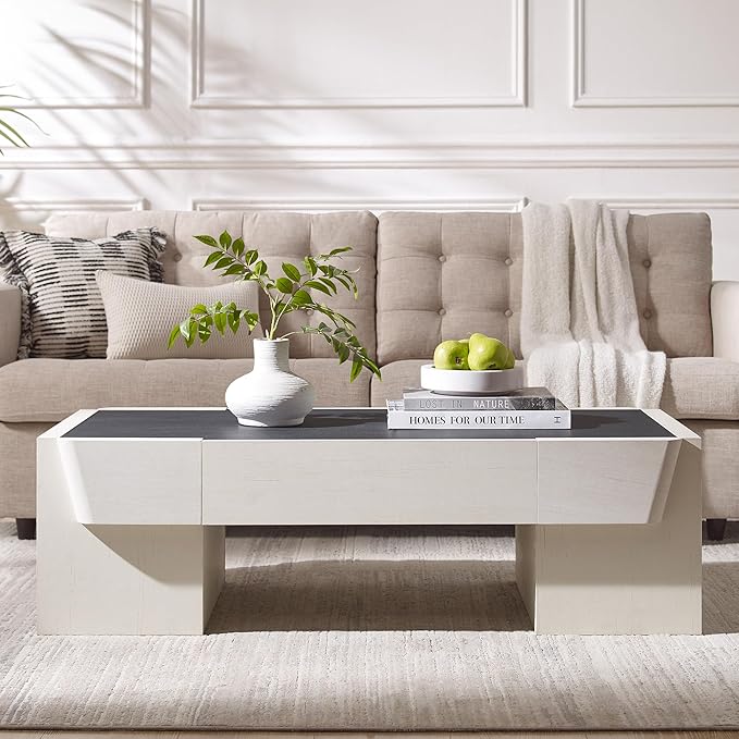 JXQTLINGMU 47" Modern Coffee Table with Storage, Wood Large Coffee Table with Drawer, Rectangle Center Table for Living Room, Antique White