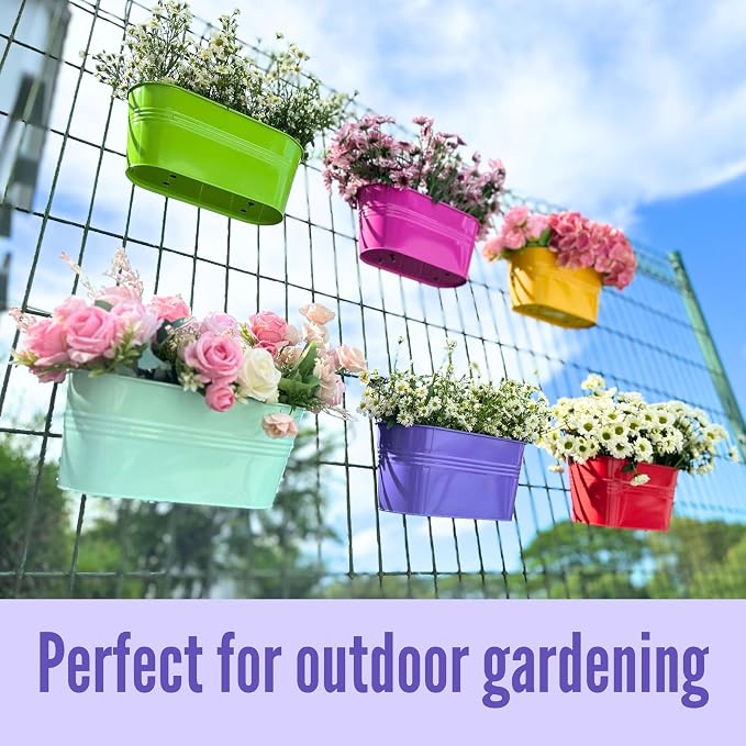 LaLaGreen Rail Planter (17 Inch, 6 Pack) Colorful Hanging Flower Railing Fence Balcony Gardening for Apartment Patio Planters Modern Garden Style Metal Iron Outdoor Deck Decoration Porch Decor Pots