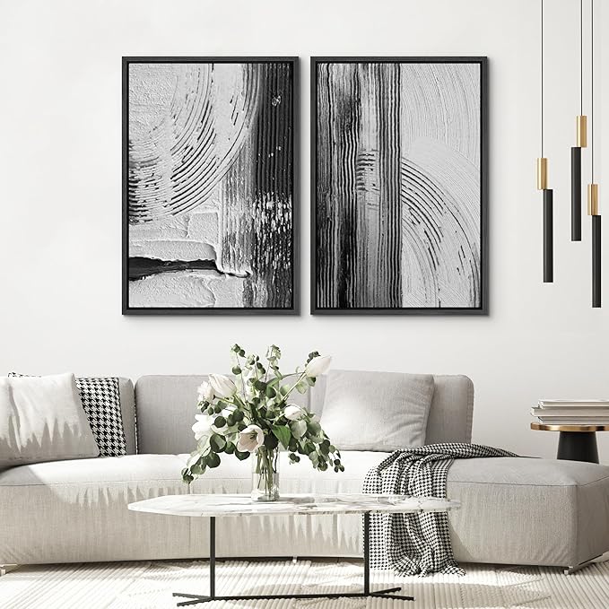 SIGNWIN Framed Canvas Print Wall Art Set Black White Industrial Paint Strokes Abstract Shapes Illustrations Modern Art Minimal Decorative Nordic for Living Room, Bedroom, Office - 24"x36"x2 Black