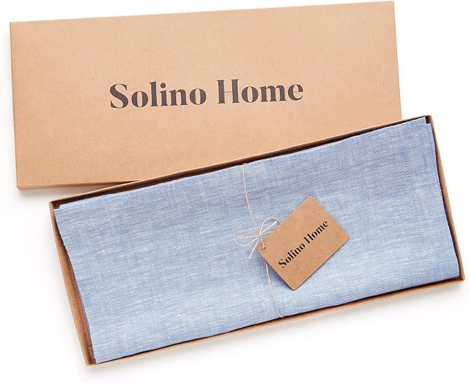 Solino Home Linen Table Runner 60 Inches - 100% Pure Linen Chambray Blue Table Runner 14 x 60 Inch Ideal for Dresser and Coffee Tables - Athena - Summer