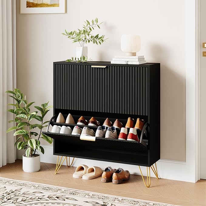 Shoe Storage Cabinet with 2 Flip Drawers, 31.5" W Fluted Shoe Cabinet for Entryway, Hidden Shoe Cabinet Storage, Narrow Free Standing Shoe Orgnaizer Rack Cabinet for Foyer Hallway, Black
