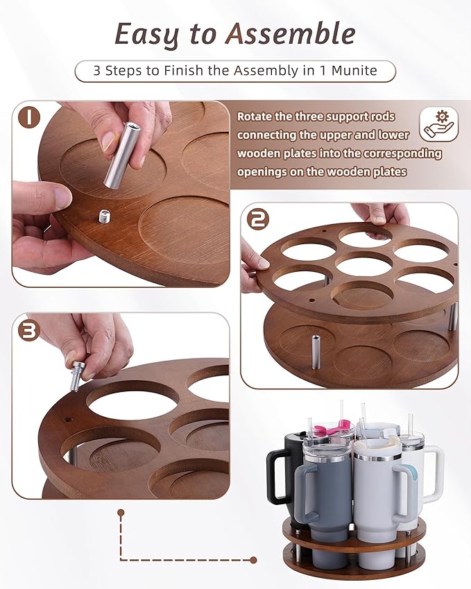 Rotating Wood Tumbler Organizer, 30 oz 40 oz Spinning Turnable Tumblers Holder, 360° Rotatable 7 Large Cups Bottle Tumbler Storage Display Stand, Rotate Syrup Organizer for Cabinet Countertop