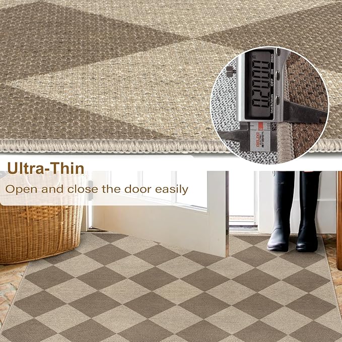 Rugalia Easy Jute Checkered Entryway Rug, 2x3 Brown Modern Indoor Outdoor Doormat, Washable Non-Slip Neutral Small Kitchen Rug Farmhouse Diamond Throw Rugs for Entrance Bedroom Bathroom