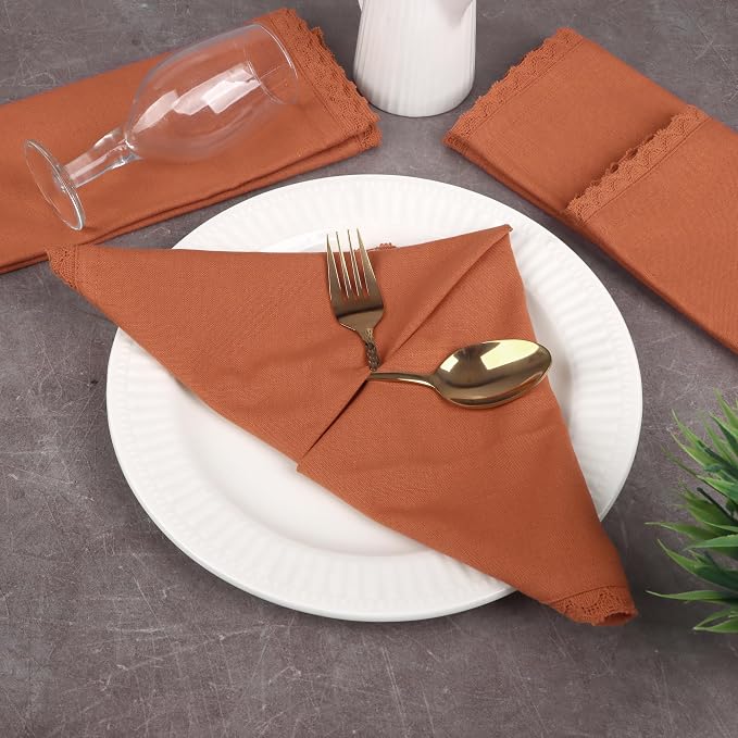 Dinner Cloth Napkins Cotton Fabric 12 Pack Easter Special Edge Finish with Fine Lace for Every Day Use Napkins are Pre Shrunk and Good Absorbency (Rust with lace, 18x18)