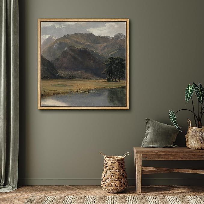SIGNFORD Framed Canvas Print Wall Art Serene Mountain Valley Pastoral Landscape Nature Wilderness Illustrations Rustic Zen Colorful for Living Room, Bedroom, Office - 16"x16" Natural
