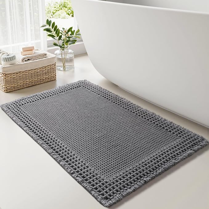RESARE Waffle Bath Mat for Bathroom, Super Absorbent Bathroom Rugs Non Slip Machine Washable, Ultra Soft Quick Dry Boho Bath Rugs with Tassels, Farmhouse Home Decor Accessories, 18"x30" Dark Grey