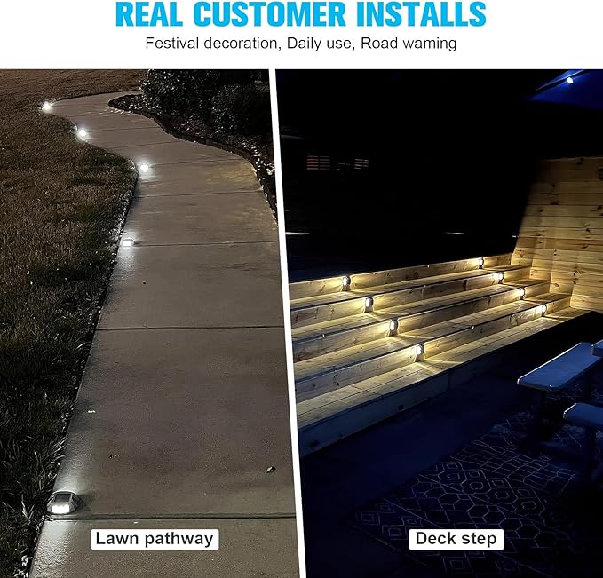 VOLISUN Solar Deck Lights Driveway Dock Lights, 4-Pack Led IP68 Waterproof Outdoor Warning Step Light for Driveway Sidewalk Garden Pathway Yard(Warm White)
