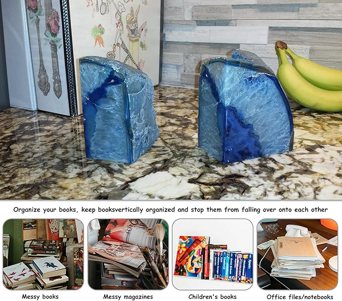 AMOYSTONE Natural Blue Agate Bookends, Heavy-Duty Multi-Purpose Book Ends for Shelves, Decorative Crystal Book Stopper, 4-6 LBS, Perfect for Office Bookcase