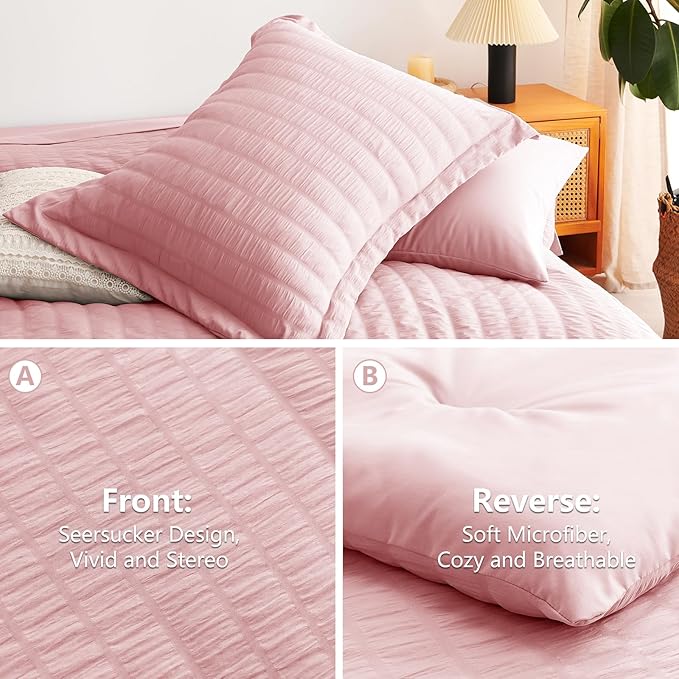 CozyLux Full Size Comforter Sets with Sheets 7 Pieces, Pink Seersucker Bed in a Bag Textured Luxury Soft Bedding Set with Down Alternative Comforter, Sheets, Pillowcases & Shams for All Season