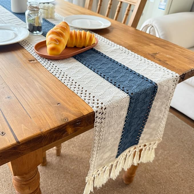 Blue Boho Table Runner for Home Decor with Tassels 72 Inches Farmhouse Rustic Table Runner Macrame Burlap Table Decoration for Living Room Bridal Shower(12x48 Inches, Fringe Included)