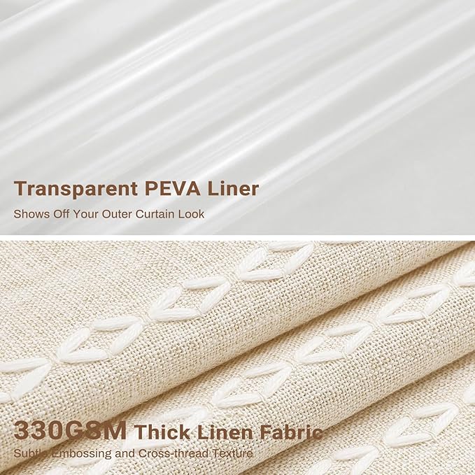 BTTN 3 in 1 Shower Curtain with Liner, 90 Inch Extra Long Boho Linen Striped Shower Curtain Set with Hook, Tall Modern Farmhouse Bohemian Waterproof Shower Curtain for Bathroom, Cream/Beige, 72x90