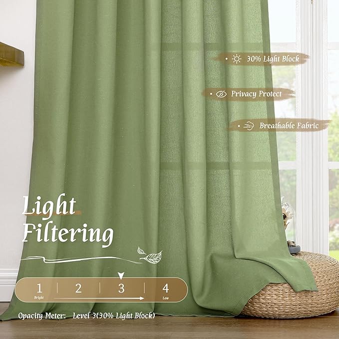 LAMIT Sage Green Linen Curtains for Small Windows, 45 Inches Long Light Filtering Panels Rod Pocket Neutral Privacy Drapes for Kitchen/Window/Bedroom, 2 Panels, 42 x 45 Inch