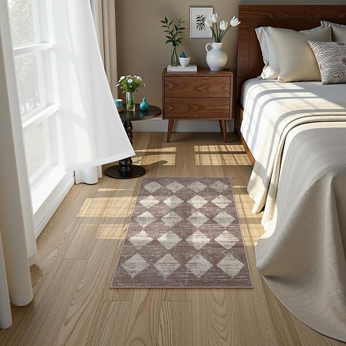 Lahome Zelie Moroccan Treills Area Rug - 2x3 Small Beige Bathroom Rug Door Rugs for Entryway Indoor, Checkered Washable Non Slip Throw Carpet for Bathroom Powder Room Kitchen Bedroom Front Door