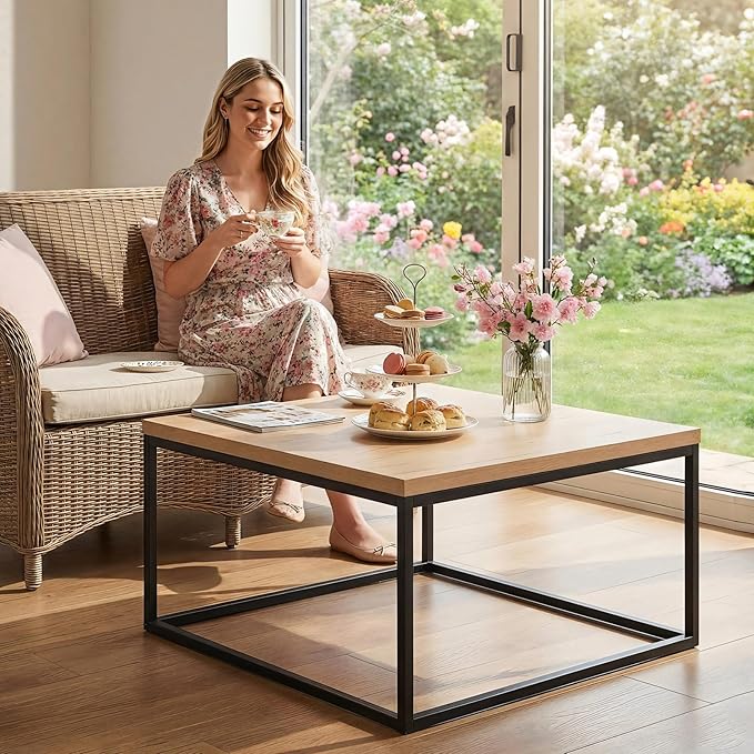 CENSI 30" Square Coffee Table, Natural Oak Light Wood Center Table for Living Room, Modern Industrial Farmhouse Cocktail Table, Extra Thick 1.2" Top with Sturdy Metal Frame, Scandi Style