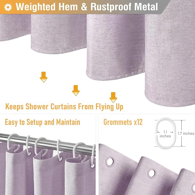 BTTN Extra Long Shower Curtain, 90 Inch Linen Textured Heavy Duty Waterproof Shower Curtain Set with 12 Plastic Hooks, Tall Luxury Simple Thick Fabric Shower Curtains for Bathroom, 72x90, Lavender