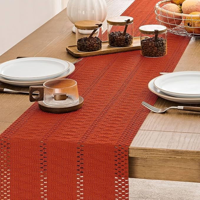ZeeMart Macrame Style Boho Table Runner, Burnt Ochre Fall Table Runners 90 Inches Long, Farmhouse Woven Home Decor, 12x90 Inch, Dark Orange