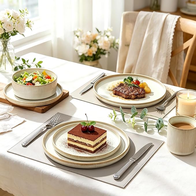 MONITO Ceramic Dinnerware 16 Pieces Dinner Set，10.6in Stoneware Plates and Bowls Sets, Highly Chip and Crack Resistant | Dishwasher & Microwave Dishes set,Gift, Bonbon Beige