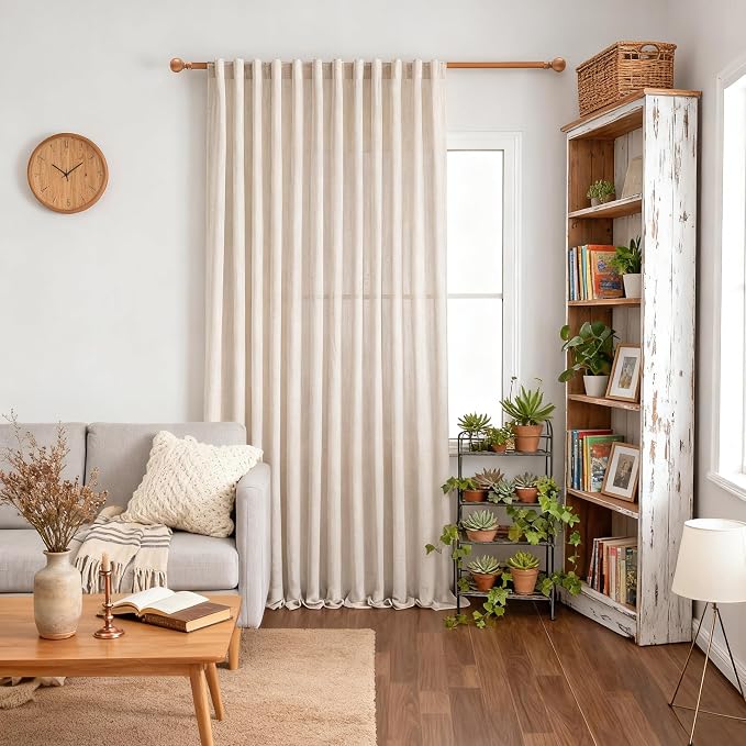 MYSKY HOME Natural Linen Sliding Glass Door Curtains, Back Tab Semi Sheer Curtain Panels Extra Long Floor Length Drapes 95 Inches for Living Room Linen Texture Soft Touch, 100" Wide, 1 Piece