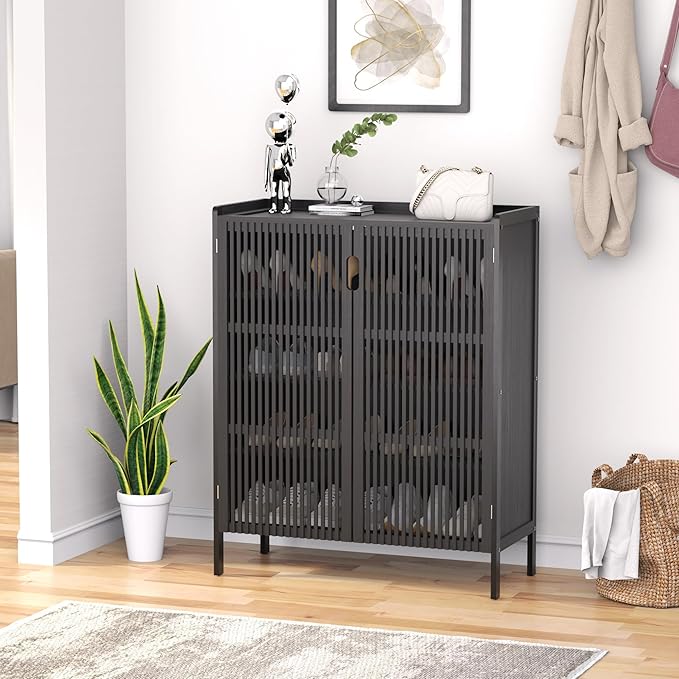 Shoe Cabinet, 20 Pair Farmhouse Shoe Organizer Cabinet, Freestanding Bamboo Wood Shoe Storage Cabinet with Grille Doors, 5-Tier Narrow Shoe Cabinet for Entryway Hallway, Black