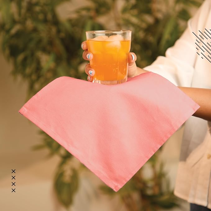 Encasa XO Cocktail Cloth Napkins Set of 12 | Pure Cotton Table Napkin | Size (9"x9") | Coral Solid | Machine Washable