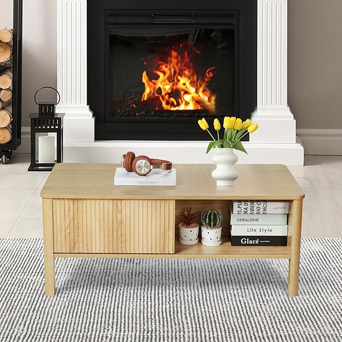 Rectangle Fluted Coffee Table with Storage and Sliding Drawers, Light Wood Coffee Table, Mid Century Modern Cofee Table Boho Style, Low for Living Room/Bedroom/Office (Natural)