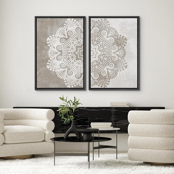 SIGNWIN Framed Canvas Print Wall Art Set Duotone Cultural Indian Mandala Pattern Abstract Shapes Illustrations Modern Art Minimal Boho Relax/Calm for Living Room, Bedroom, Office - 24"x36"x2 Black
