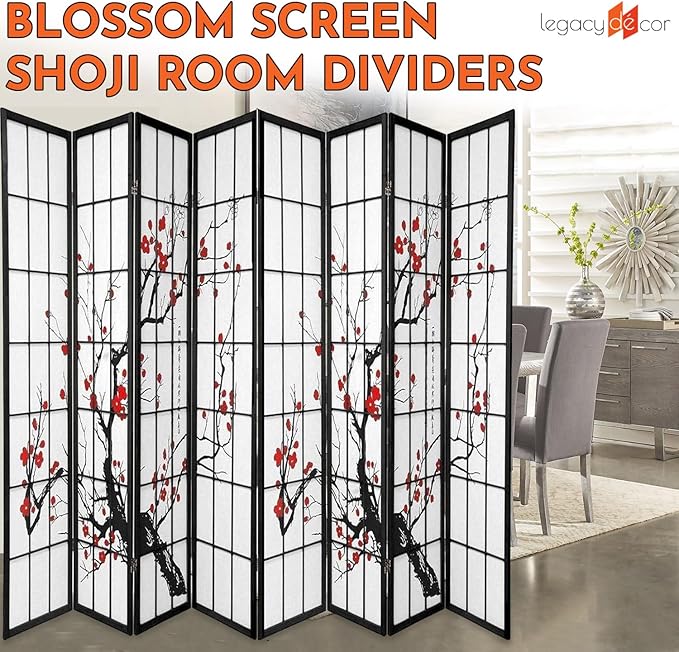 Legacy Decor 8-Panel Blossom Screen - Portable, Foldable Shoji Style Room Divider - Plum Blossom, Freestanding Room Privacy Dressing Screen - Temporary Wall Partition for Home, Office & Studio - Black