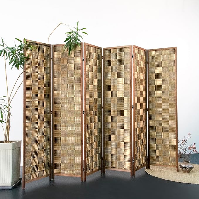 Furnnylane 6 Panel Bamboo Room Divider – 5.6 ft Tall Double-Sided Folding Privacy Screen, Freestanding Wall Partition for Home Office & Bedroom, Caramel Woven Texture, Easy Setup (67" H x 94.5" W)