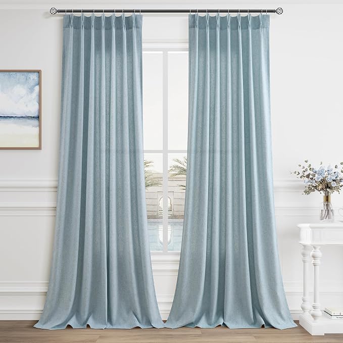 Aersas Linen Pinch Pleat Light Blue Curtains 108 Inches Length 2 Panels Living Room Kid Room Nursery Semi Sheer Windows Treatment Curtain Modern Coastal Rod Pocket Girls Boys Home Decor 40x108, 9 FT