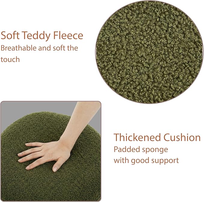 Modern Round Vanity Stool, Small Ottoman, Cute Fabric Foot Stool, Teddy Fleece Footrest, Upholstered Vanity Chair, Stool for Makeup, Bedroom, Living Room (1PCS, Round-Dark Green)