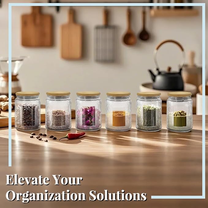 8 oz Decorative Small Glass Jars with Lids, 12 Pack Clear | Bamboo Lids, Vintage Embossed Food Storage Containers, Kitchen Pantry Organization, Spices, DYI Gifts & Favors, Candle Making