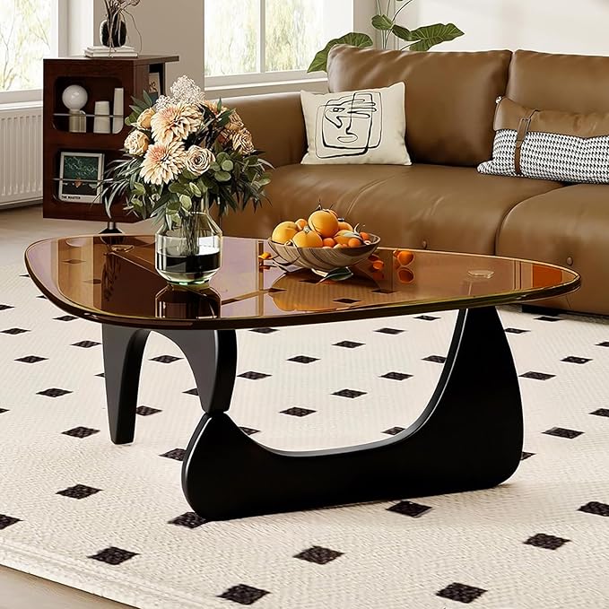 Small Coffee Table, Mid Century Modern Center Table with Triangle Tempered Glass Top and Wood for Living Room, Small Spaces