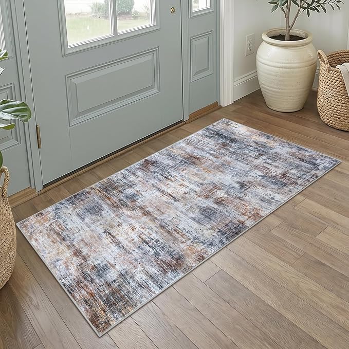 IOHOUZE Abstract Runner Rug 2x4 Ft Entryway Rugs Washable Door Mat Indoor Entrance, Rubber Backed Entryway Runners, Printed Faux Wool Non Slip Floor Carpet for Foyer Front Door Sink, Orange Grey