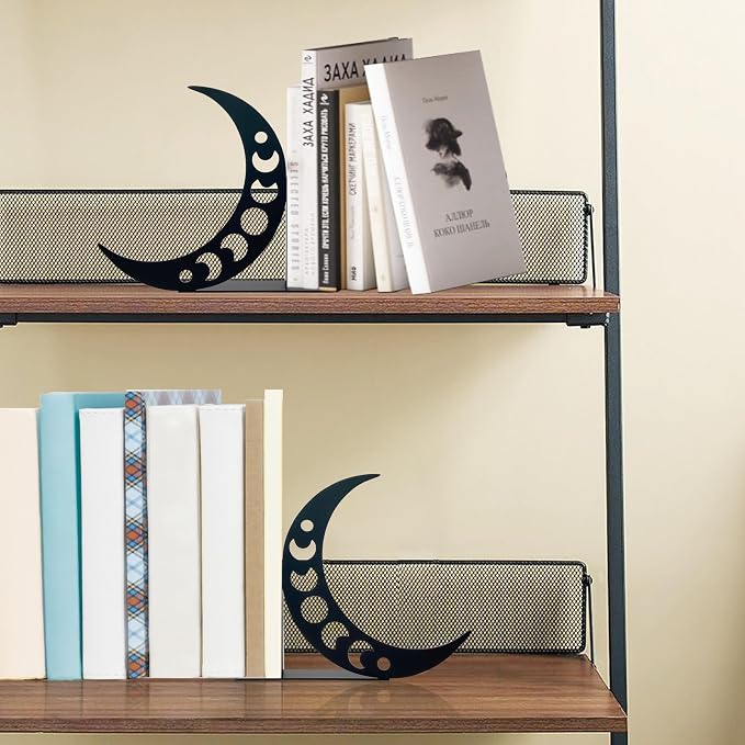 Moon Bookends Moon Phase Metal Decor Moon Book Ends for Shelves Bookshelf Decorative Objects Home Office Desk Bookshelf Decor Nice Gifts for Moon Phase Lovers