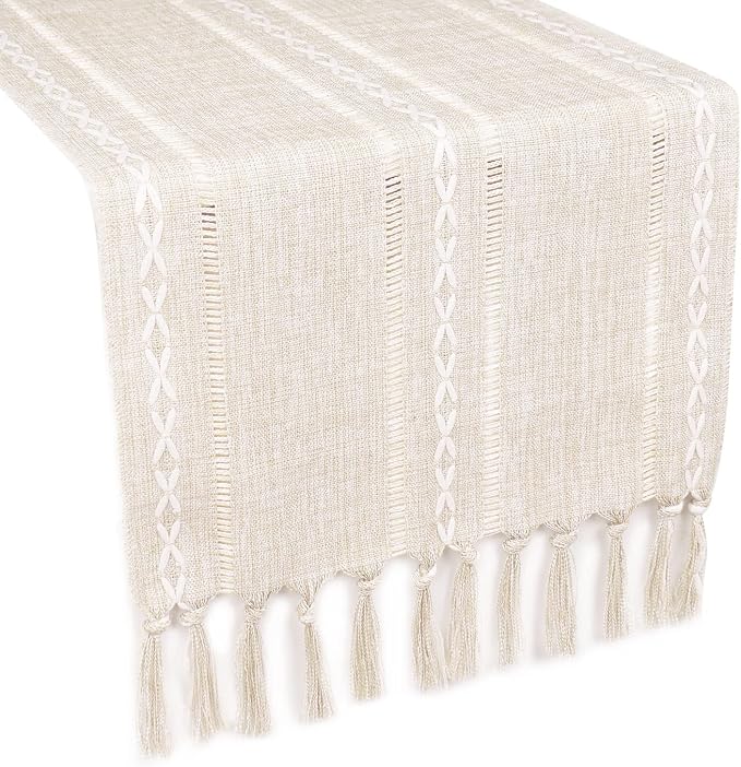 Yicorgard Boho Table Runner Rustic Style 13“ x 120”, Cream Braided Farmhouse Linen Table Runner 120 Inches Long with Tassels for Dining Room Kitchen